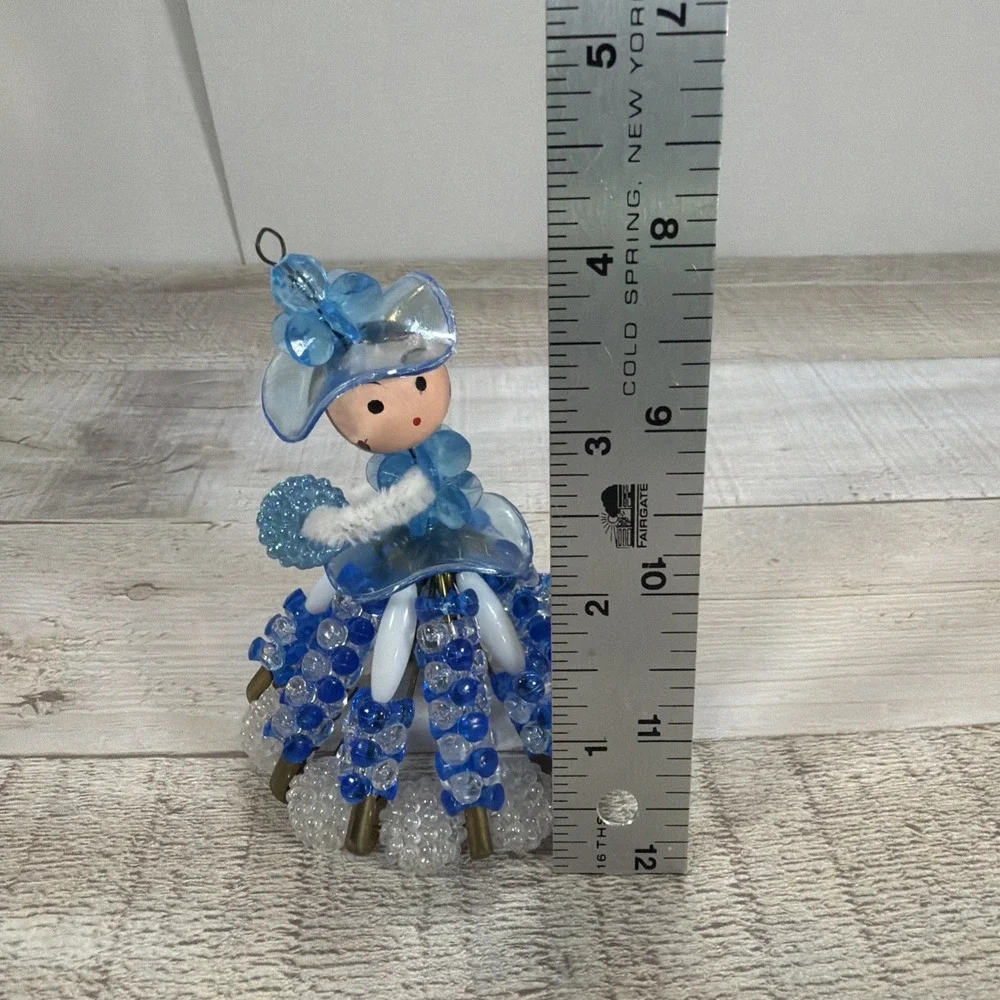 Vintage Handmade Beaded Safety Pin Victorian Lady Christmas Ornament Blue